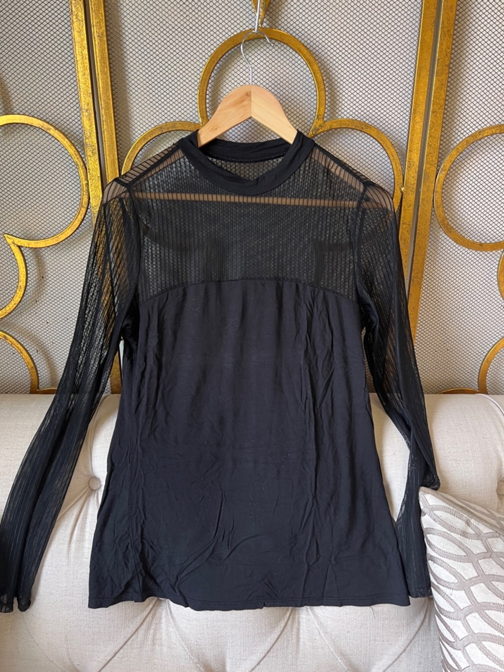 Black Sheer Yoke Long Sleeve Top